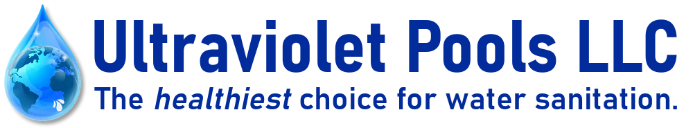 Logo of Ultraviolet Pools LLC with a blue droplet icon and text about water sanitation.